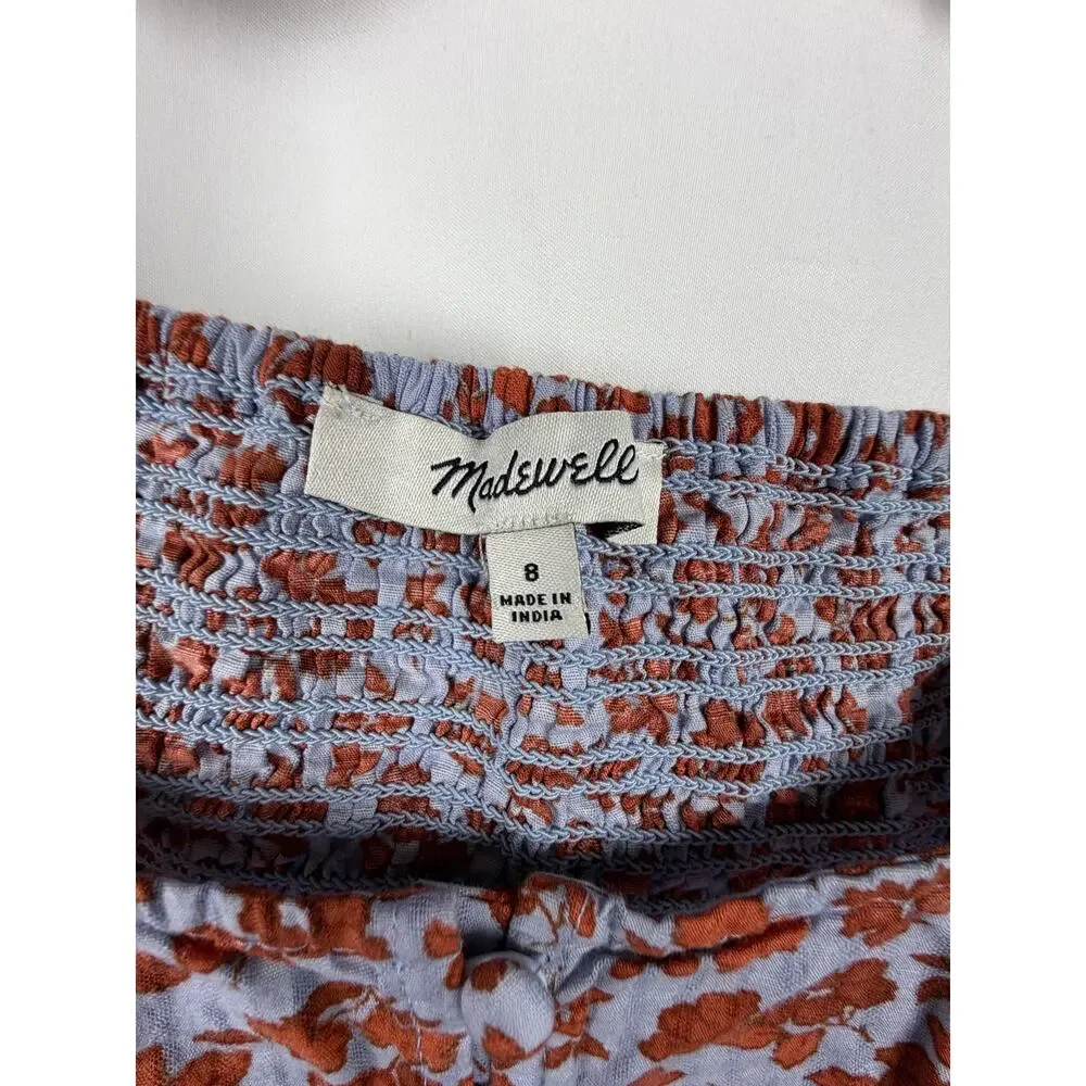 Madewell Floral Smocked Puff Sleeve Top‎ Blue Red Cotton Size 8 Boho